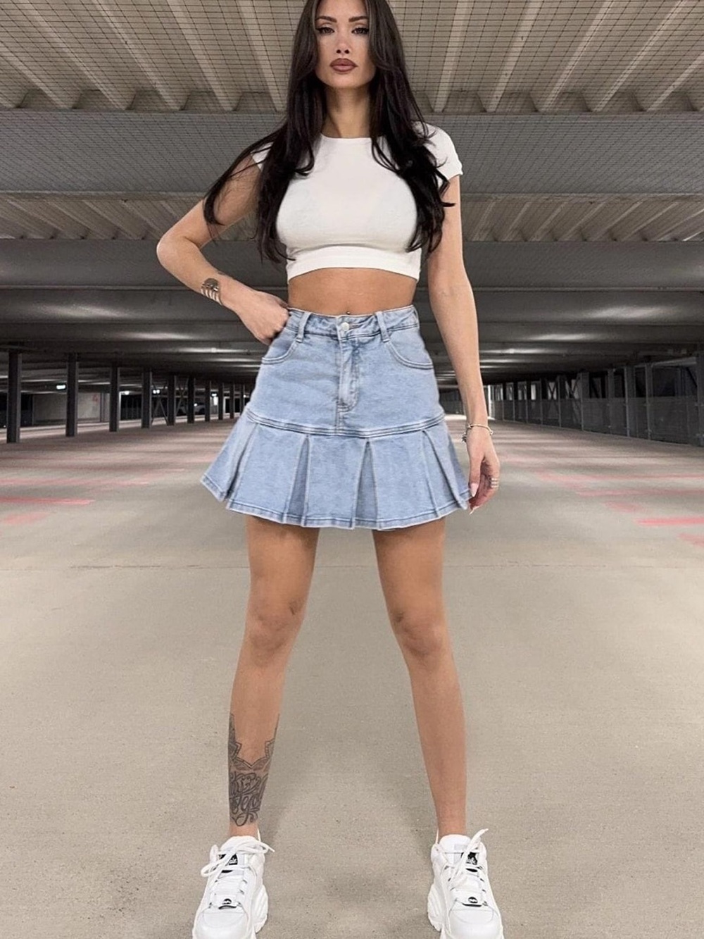 ORIANA FRILL DENIM MINI SKORT-LIGHT BLUE